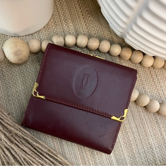 EUC CARTIER Bordeaux Burgundy Leather Double Sided, Card/Coin/Money Wallet - Picture 5 of 15